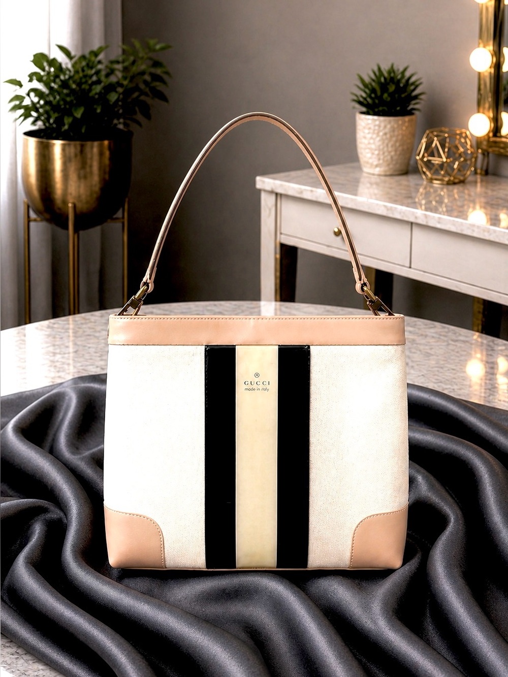 Gucci Canvas Tote Bag – Beige & Black Stripe with Gold Logo